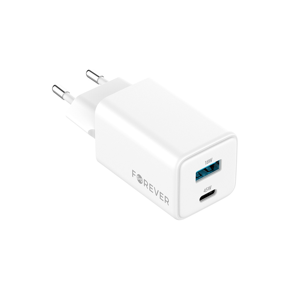 Forever TC-08-45AC GaN PD QC lādētājs 1x USB-C 1x USB 45W balts