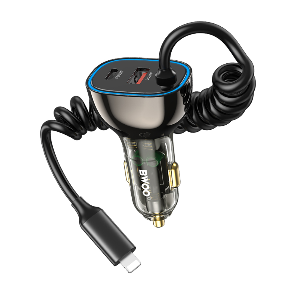 BWOO CC96L 30W PD car lādētājs 1x USB-C 1x USB port with lightning kabelis pelēks