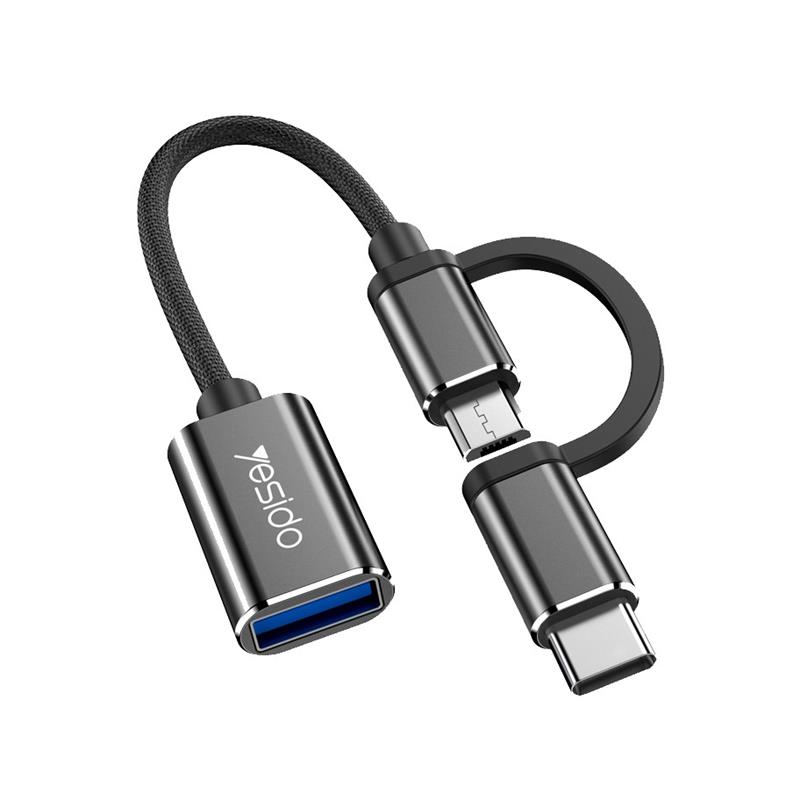 YESIDO ADAPTER OTG GS02 2IN1 TYPE-C/MICRO MALE - USB FEMALE 10CM melns