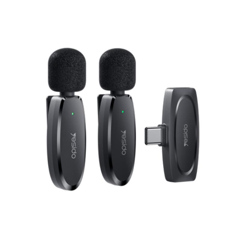 YESIDO KR13 MICROPHONE MEMS 2PCS WITH CLIP TYPE-C  BEZVADU 2,4GHz melns