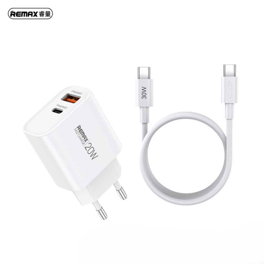 REMAX WALL LĀDĒTĀJS KABELIS KOMPLEKTS 20W RP-U120 USB/USB-C + USB-C TO USB-C KABELIS balts