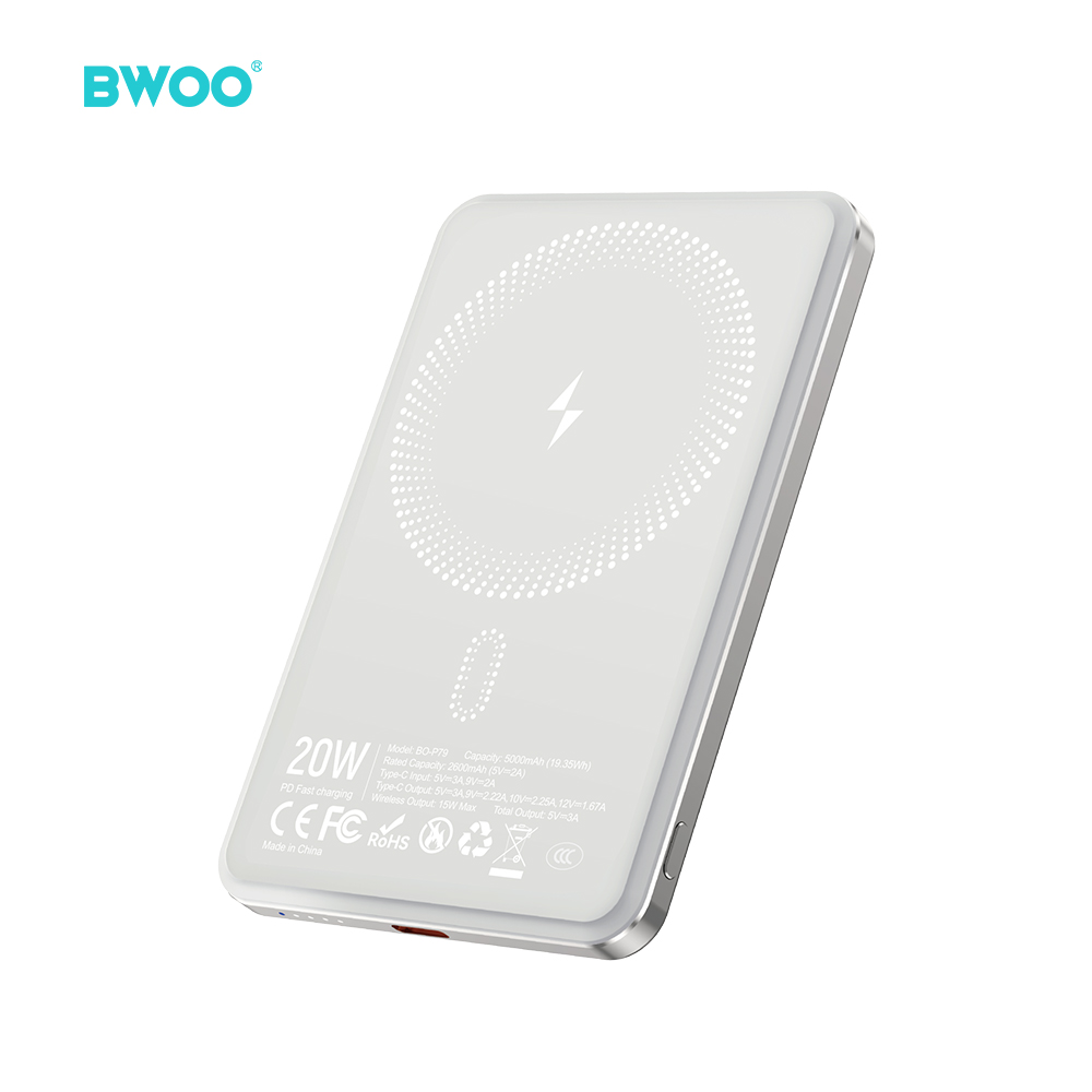 BWOO Ultra Slim Portatīvais lādētājs 5000mAh with magnetic charging P79 light pelēks