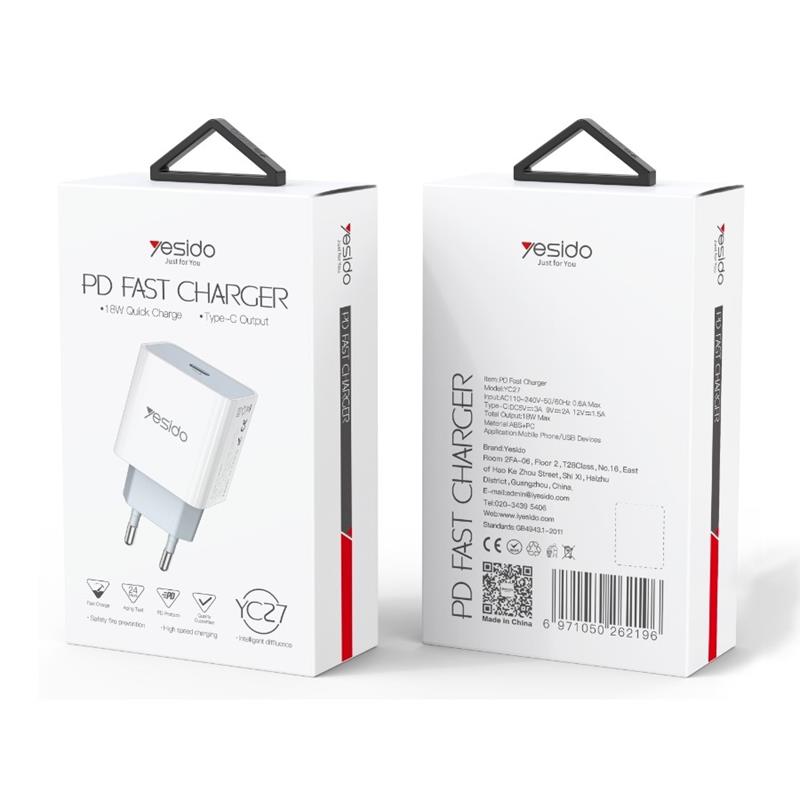 YESIDO WALL LĀDĒTĀJS YC27 PD 18W QC USB-C balts