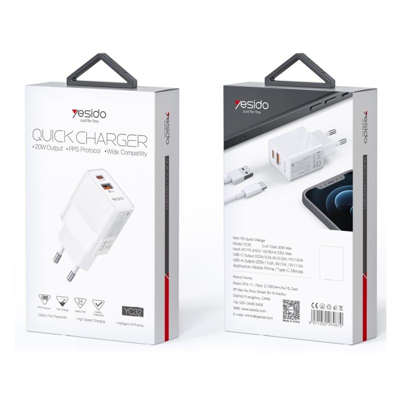 YESIDO WALL LĀDĒTĀJS YC32 PD 20W QC3.0 USB-A+C balts