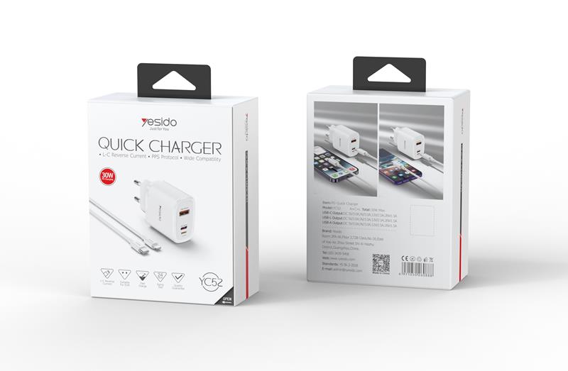 YESIDO WALL LĀDĒTĀJS YC52 PD 30W QC USB-A/C/LIGHTNING + TYPE-C/LIGHTNING KABELIS 27W 1M balts