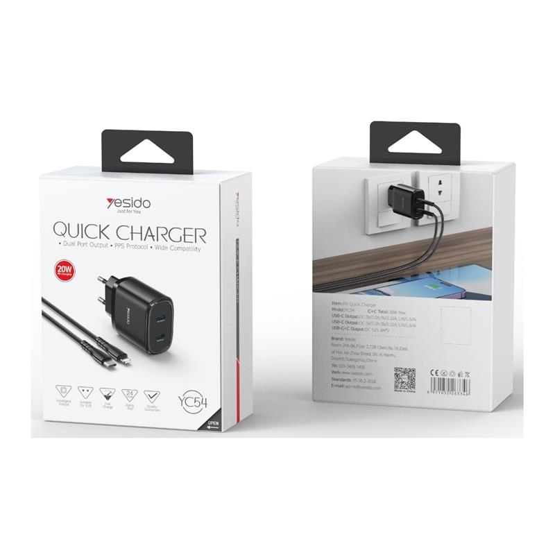 YESIDO WALL LĀDĒTĀJS YC54 PD 20W QC 2xUSB-C + TYPE-C/LIGHTNING KABELIS 27W 1M melns