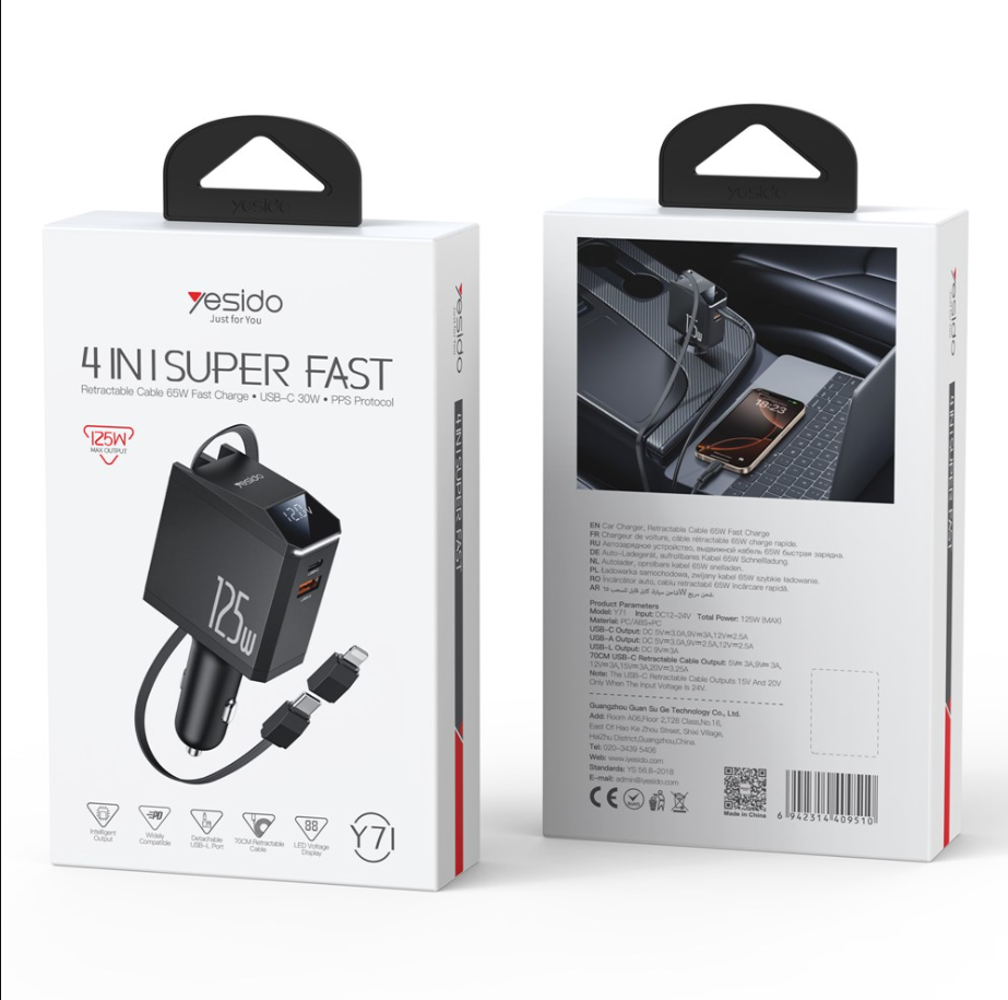 YESIDO CAR LĀDĒTĀJS Y71 125W FAST CHARGING 4in1 LED + C+iP KABELIS 65W melns