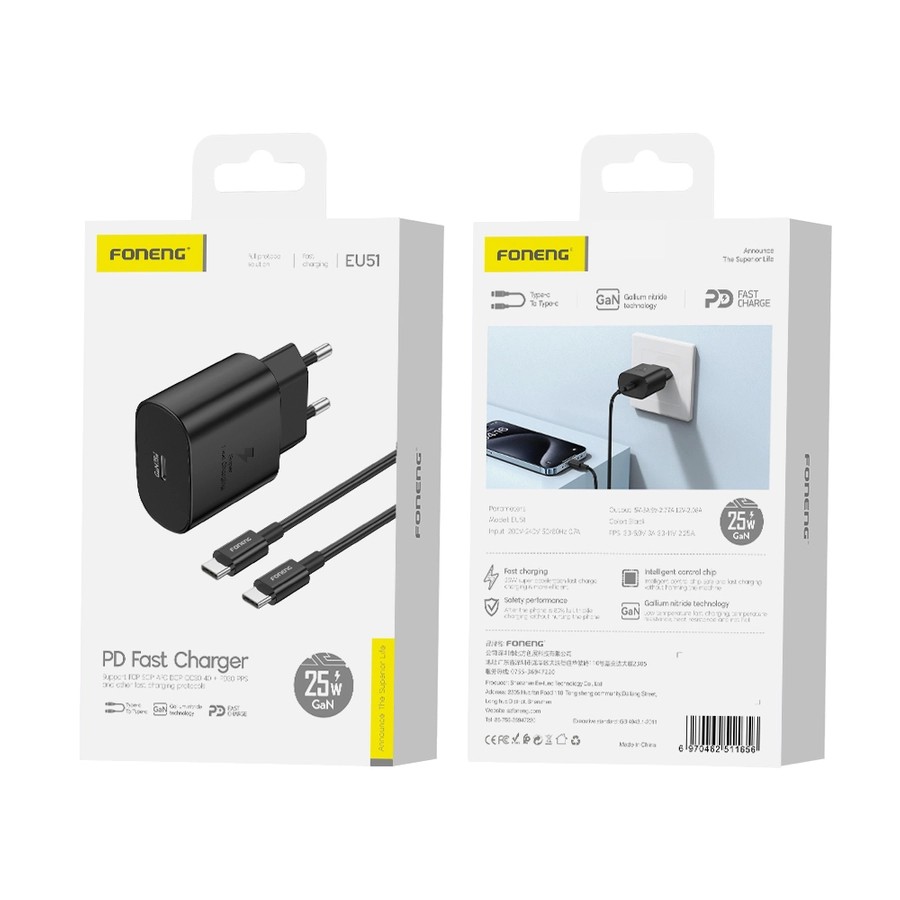 Charger Foneng EU51 GaN 25W USB-C + USB-C to USB-C cable black