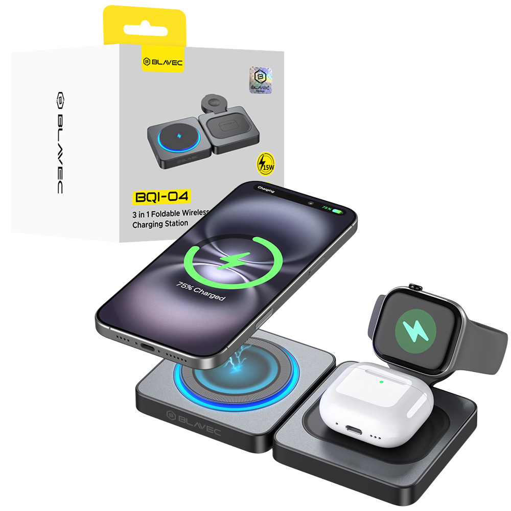 Blavec indukcijas lādētājs BQI-04 Qi 15W magnētiskais Magsafe 3 in 1 UniCharge (BQI04-QIMB) melns