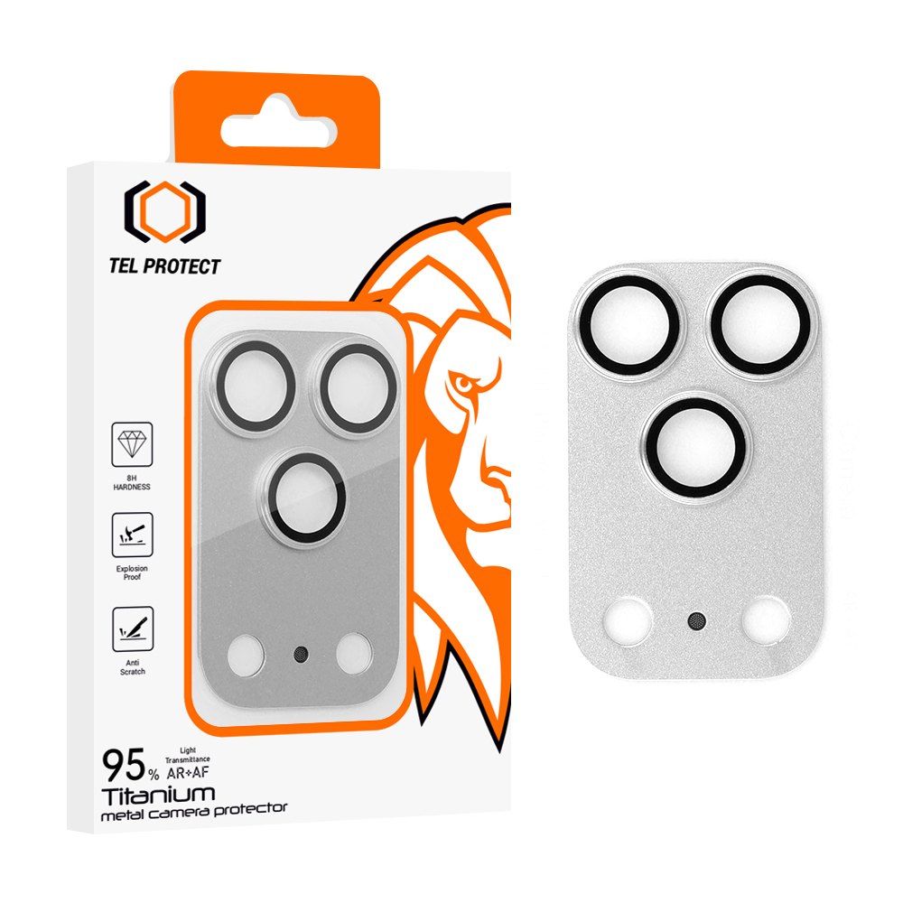 Tempered stikls Tel Protect 95% AR+AF Full Metal kameras aizsargs on camera for Iphone 17 Pro Max sudraba (camera island)