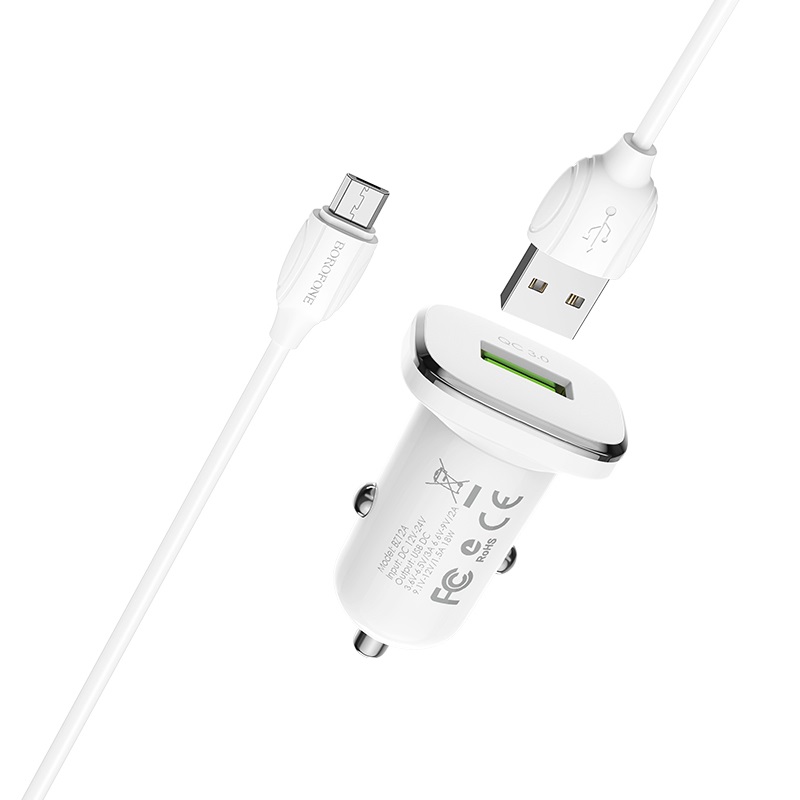 Auto lādētājs Borofone BZ12A QC3.0 USB + MicroUSB balts