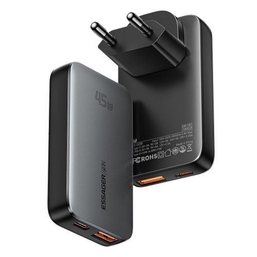 Lādētājs Essager "GaN Ultra" melns 45W (1xPD / 1xQC3.0)