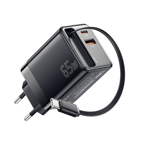 Lādētājs Essager "Scope" melns 65W (1xPD / 1xQC3.0) + integrēts Type-C kabelis