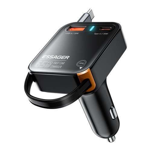 Automašīnas lādētājs Essager "Yttrium" melns 65W (integrēts Type-C kabelis)