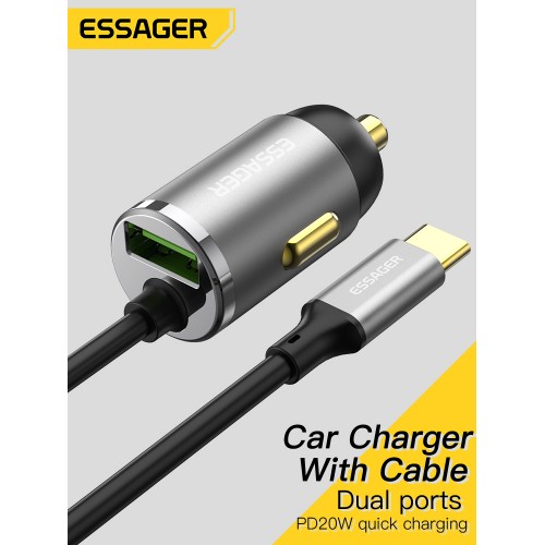 Auto lādētājs Essager "Bee" Pelēks 20W (1xUSB) + integrated "Type-C" kabelis