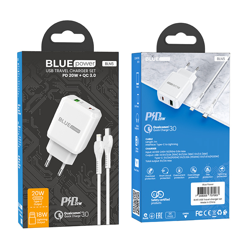 BLUE POWER Sienas lādētājs PD20W+QC3.0 BALTS LIGHTNING KABELIS