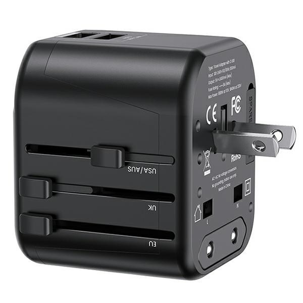 USAMS Tīkla lādētājs 2XUSB T55 12W ADAPTER 4in1 US/AU/EU/UK melns CC173TC01 (US-CC173) Universāls ceļojumu lādētājs