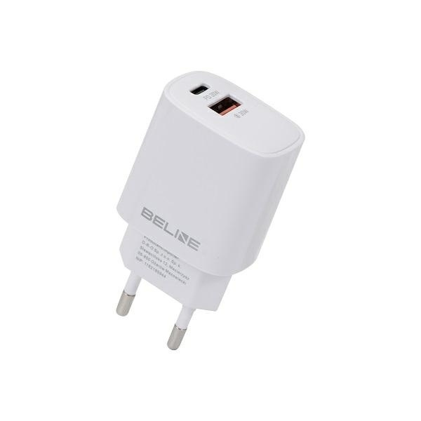 Beline Tīkla lādētājs 1x USB-C + 1x USB 30W balta (tikai galviņa) PD 3.0 + QC 3.0 BLN2CW30 GaN