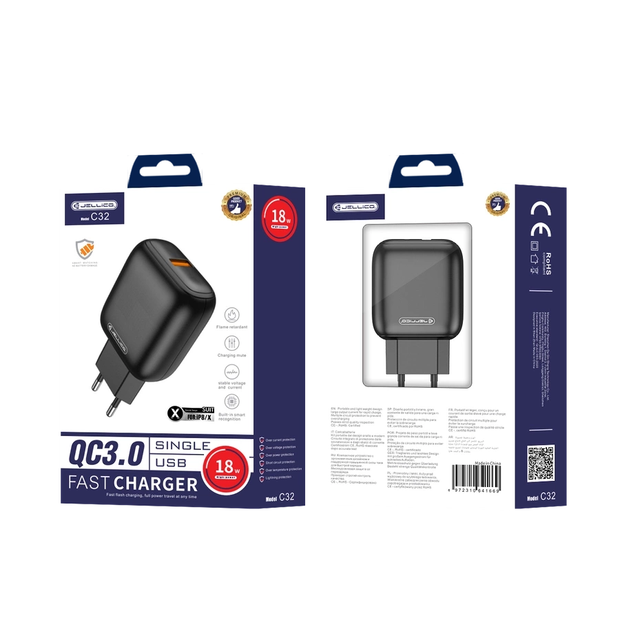 JELLICO sienas lādētājs C32 18W 1xUSB QC3.0 + kabelis Lightning Melns