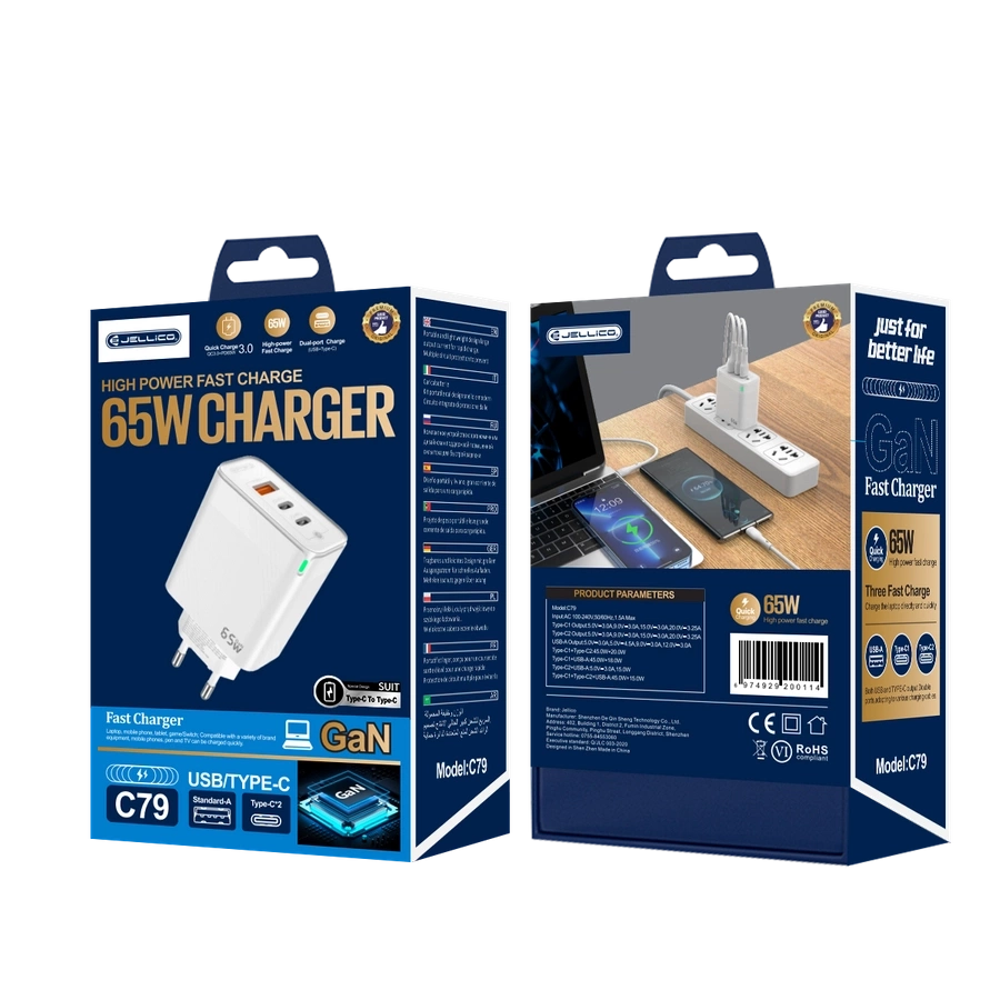 JELLICO sienas lādētājs C79 GaN PD 65W 2xUSB-C + 1xUSB QC3.0 + kabelis USB-C - USB-C Balts