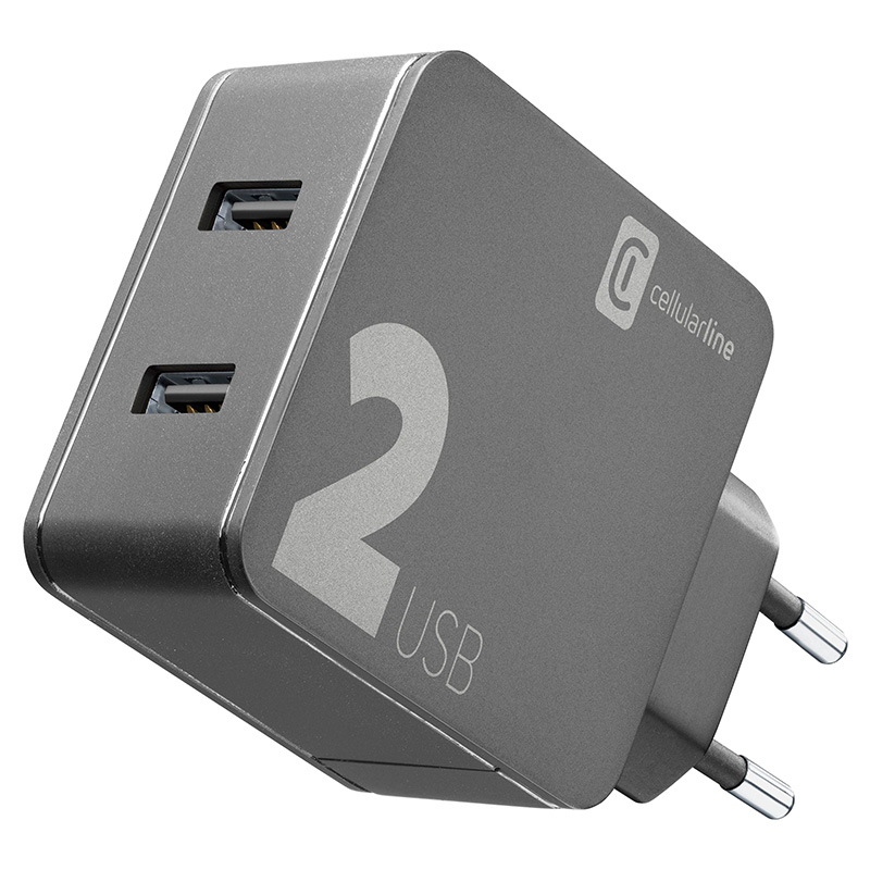 Cellularline Multipower 2 - 2x USB-A 12W + 12W mains lādētājs (melns)