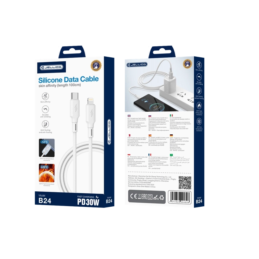 JELLICO kabelis B24 USB-C - Lightning PD 30W 1M Balts