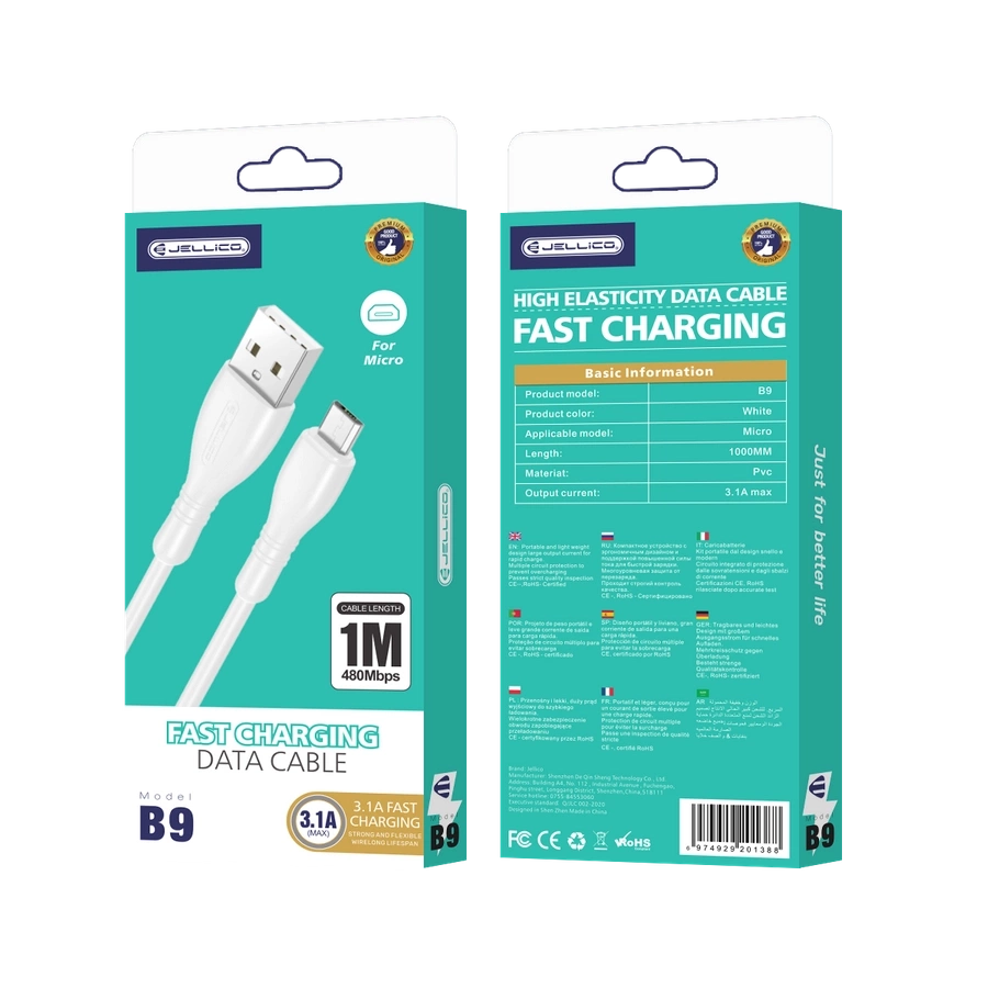 JELLICO kabelis B9 Micro USB 3.1A 1M Balts