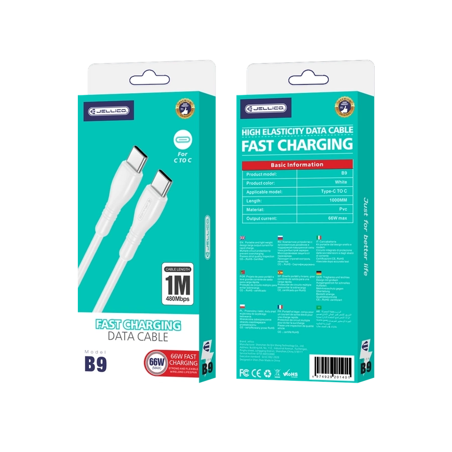 JELLICO kabelis B9 USB-C - USB-C PD 66W 1M Balts