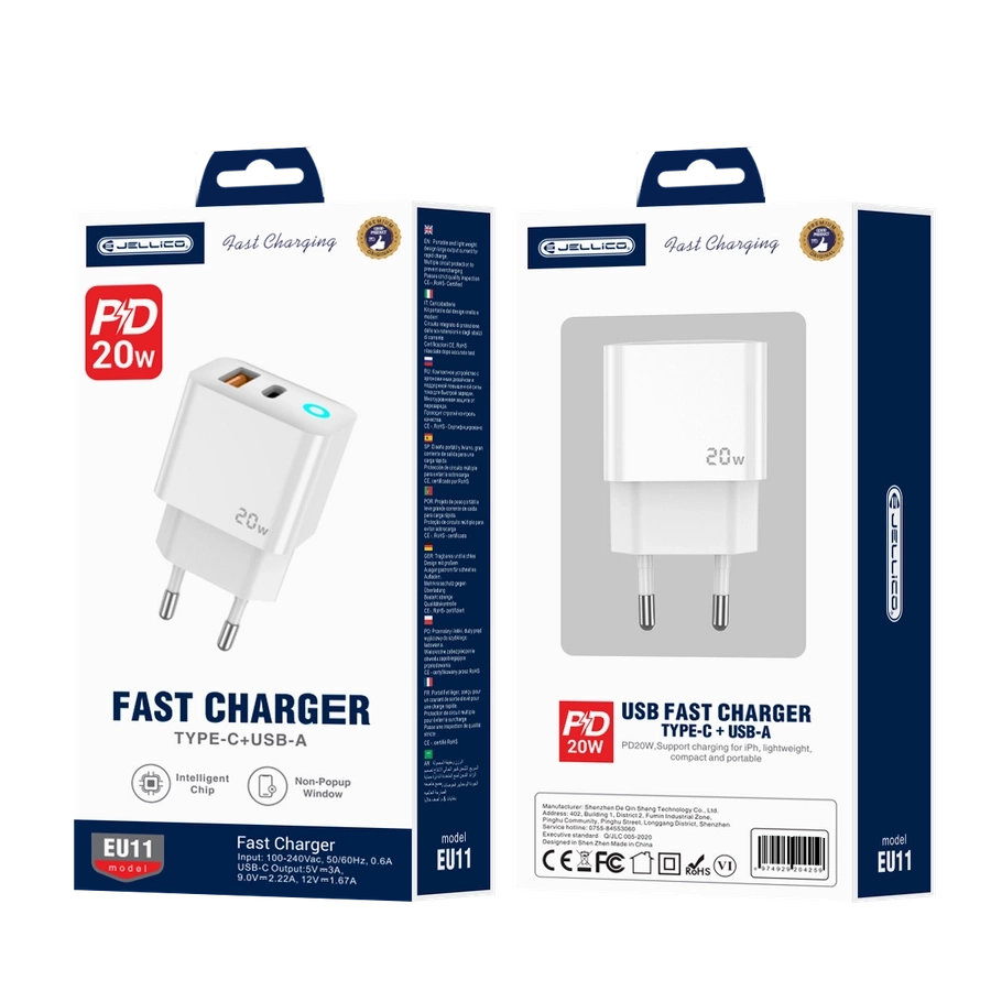 JELLICO sienas lādētājs EU11 PD 20W 1xUSB-C + 1xUSB QC3.0 Balts