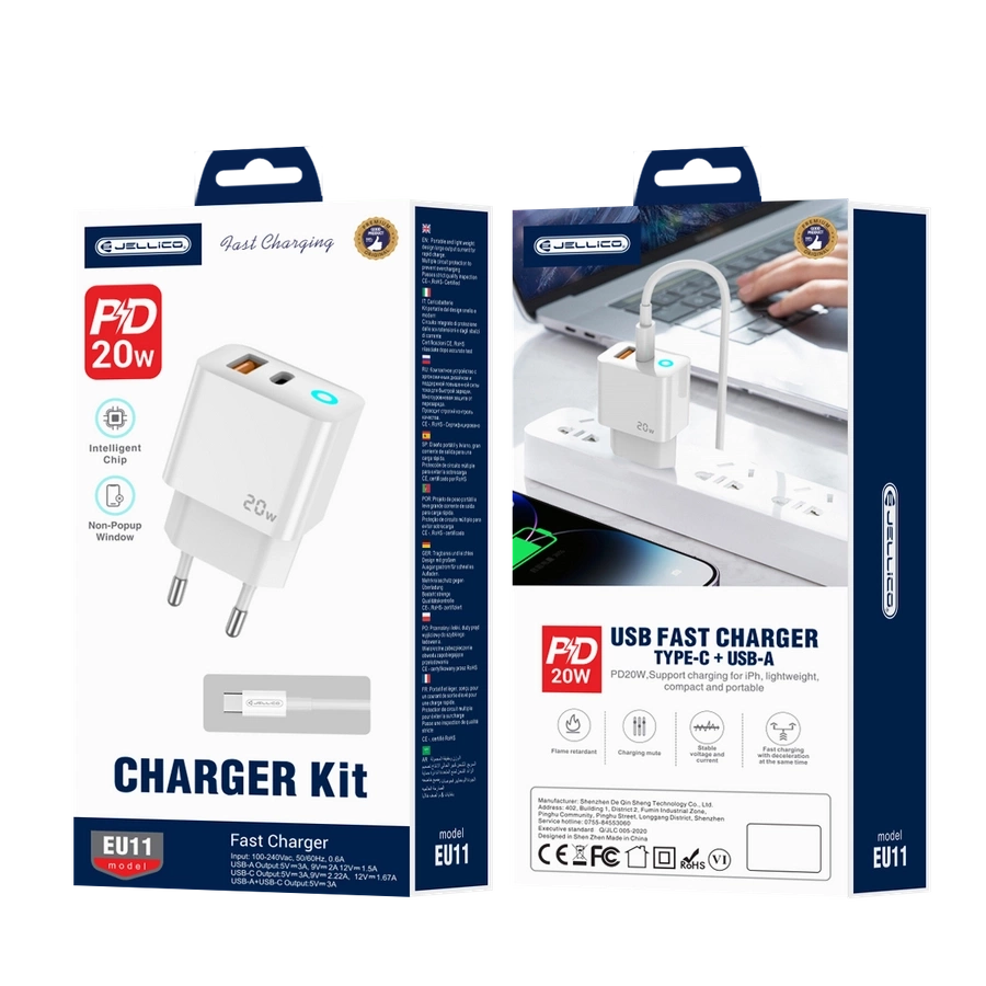 JELLICO sienas lādētājs EU11 PD 20W 1xUSB-C + 1xUSB QC3.0 + kabelis USB-C - USB-C Balts