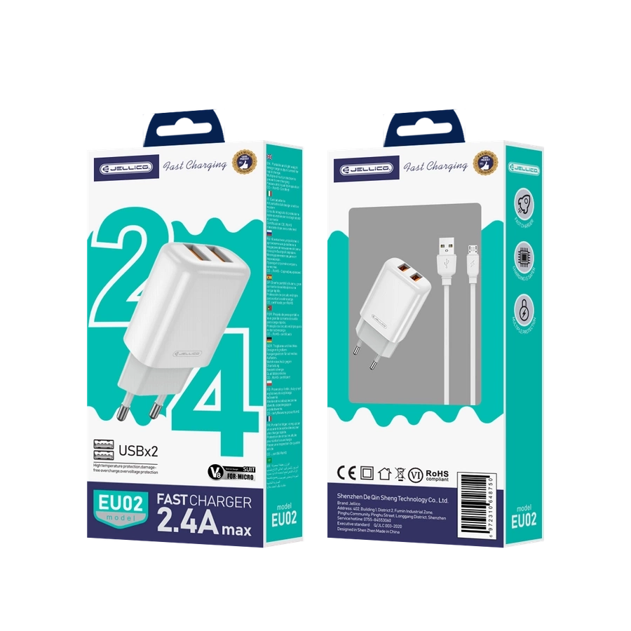 JELLICO sienas lādētājs EU02 2.4A 12W 2xUSB + kabelis Micro Balts