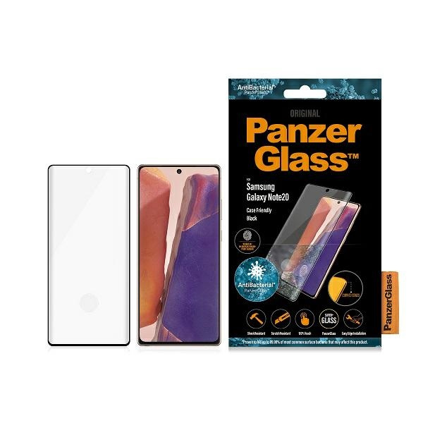 PANZERGLASS RŪDĪTS STIKLS IZLIEKTS SUPER + SAMSUNG NOTE 20 MACIŅŠ FRIENDLY ANTIBAKTERIĀLS MELNS BOJĀTS IEPAKOJUMS