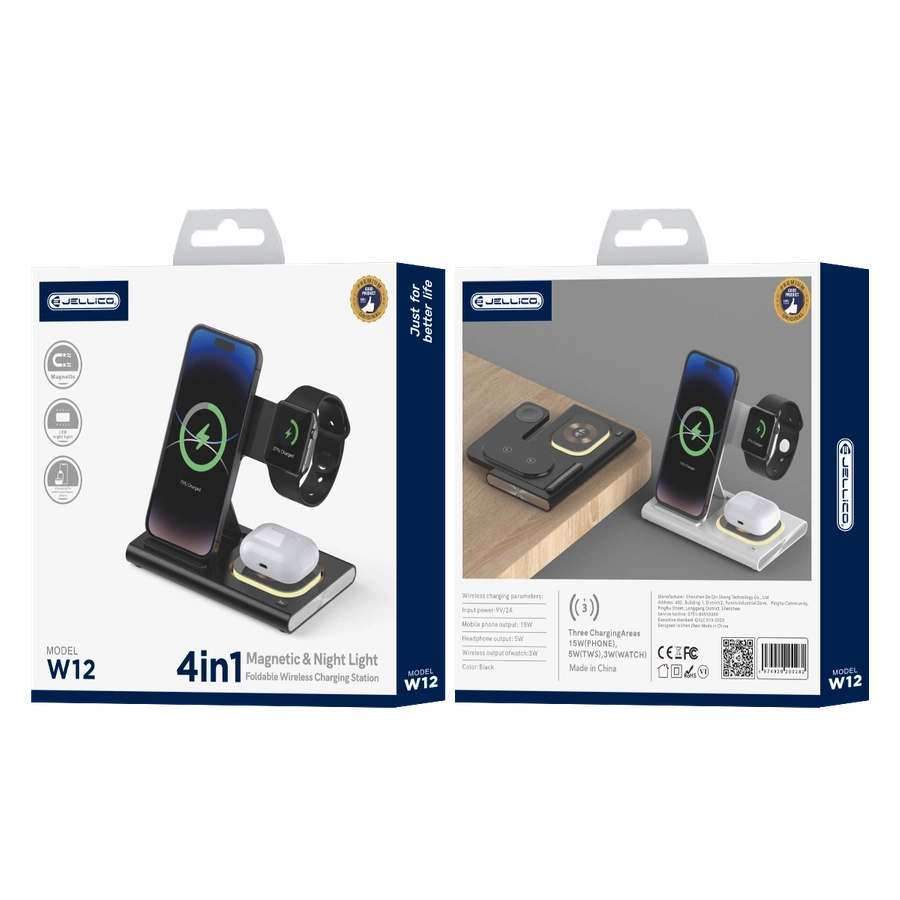 JELLICO bezvadu lādētājs 3in1 W12 15W Melns