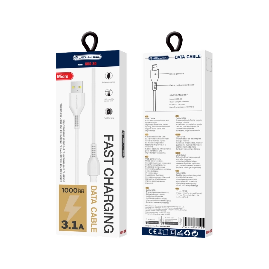 JELLICO kabelis KDS-30 Micro USB 3.1A 1M Balts