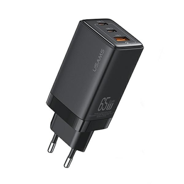 USAMS Tīkla lādētājs 2xUSB-C+1xUSB 65W (tikai galviņa) GaN PD3.0 +QC3.0 Fast Charging melns Sandru Series CC180TC01 (US-CC180)