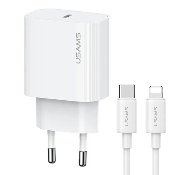 USAMS Tīkla lādētājs 1xUSB-C T65 PD20W PD Fast Charging US-CC226 + kabelis USB-C/Lightning US-SJ712 30W balts Yi Series OYXLTZ02