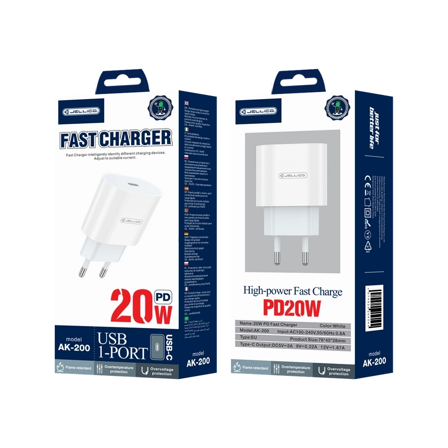 JELLICO sienas lādētājs AK200 PD 20W 1xUSB-C Balts