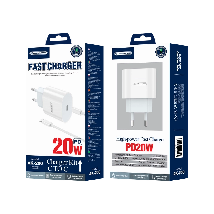 JELLICO sienas lādētājs AK200 PD 20W 1xUSB-C + kabelis USB-C - USB-C Balts