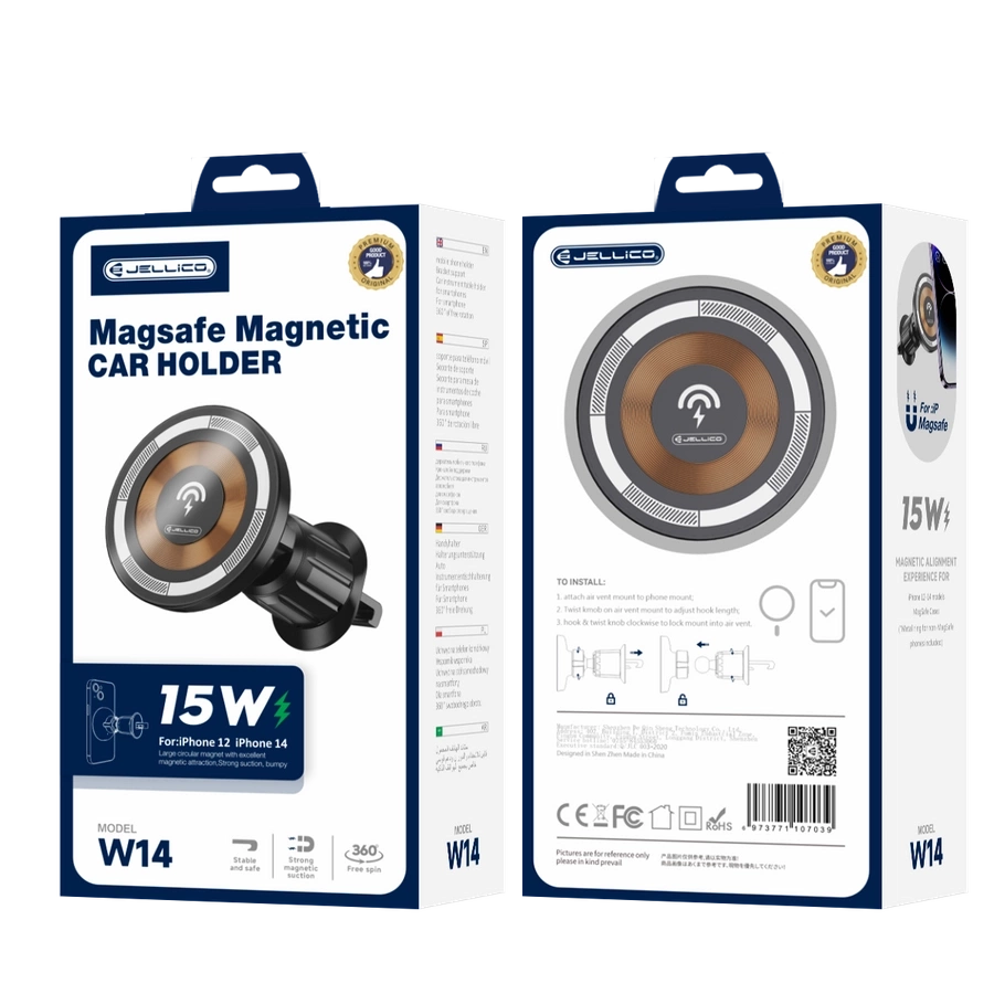 JELLICO auto turētājs Magsafe ar bezvadu uzlādi W14 15W Melns