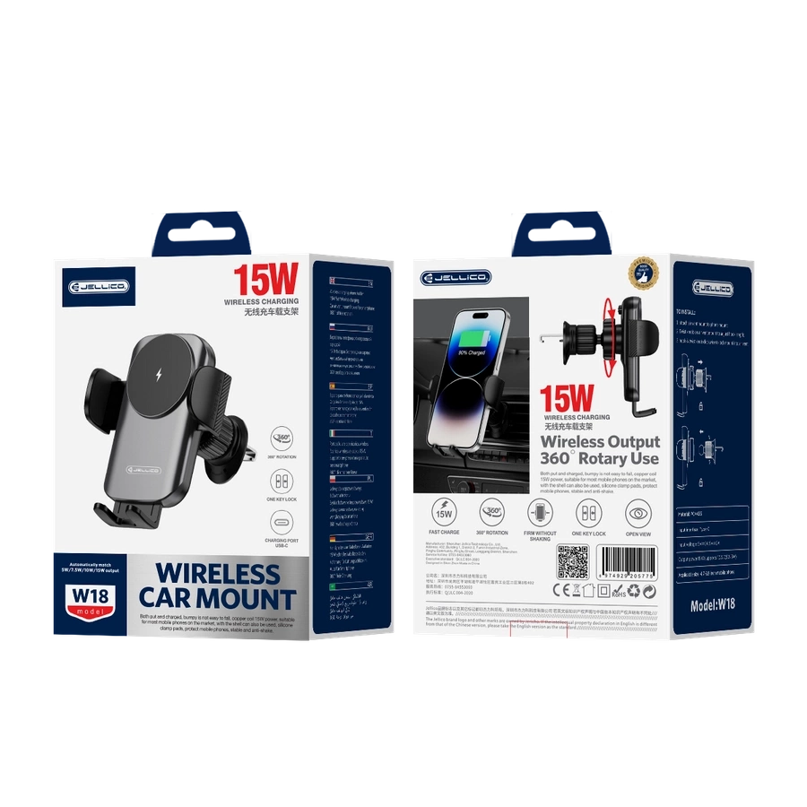 JELLICO auto turētājs ar bezvadu uzlādi W18 15W Melns