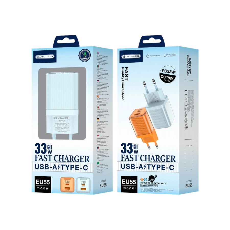 JELLICO sienas lādētājs EU55 GaN PD 33W 1xUSB-C + 1xUSB QC3.0 Zils