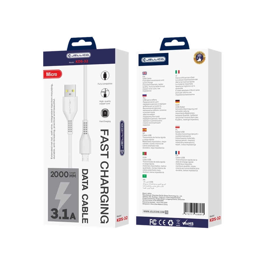 JELLICO kabelis KDS-32 Micro USB 3.1A 2M Balts