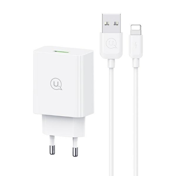 USAMS Tīkla lādētājs 18W + kabelis Lightning/ USB-A Fast Charging balts series SC SCXLTZ03