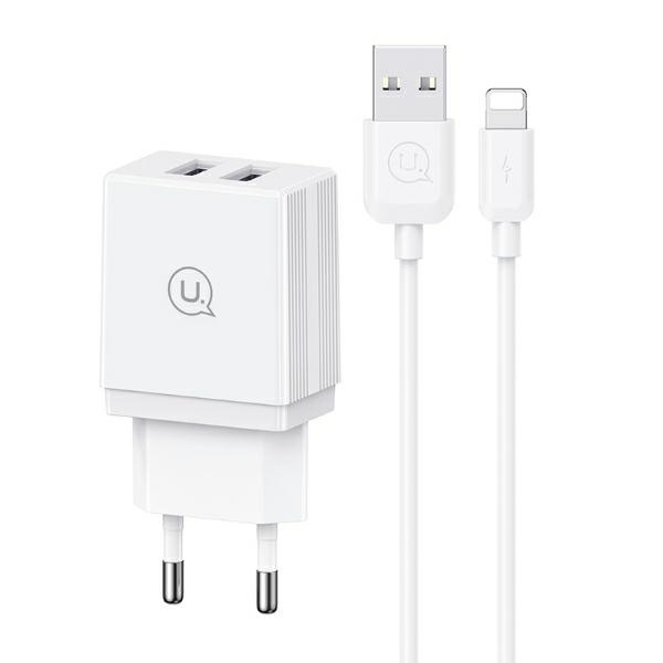 USAMS Tīkla lādētājs 2xUSB 18W + kabelis Lightning/USB-A Fast Charging balts series HC HCXLTZ01
