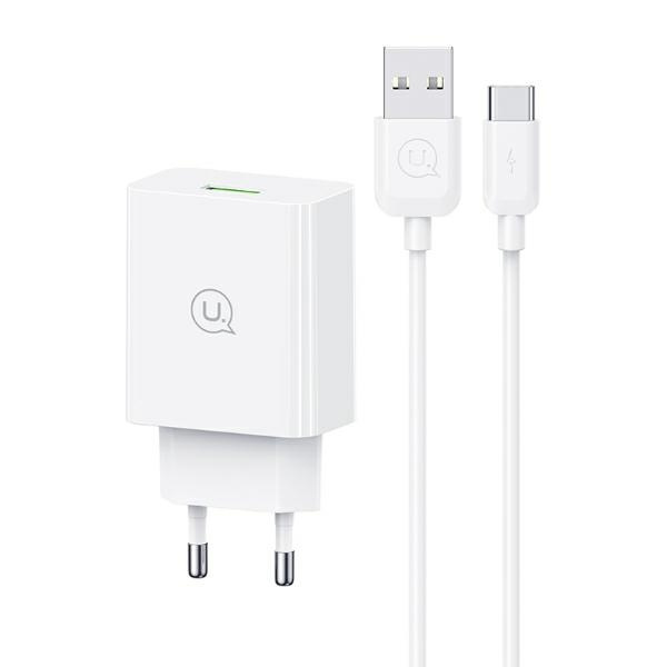 USAMS Tīkla lādētājs 18W + kabelis USB-C/USB-A 1m Fast Charging balts series SC SCXLTZ02
