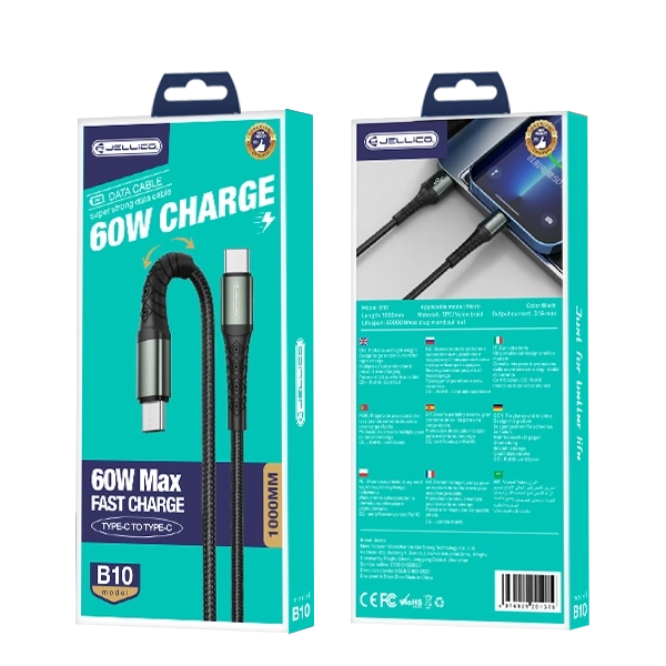 JELLICO Kabelis B10 USB-C - USB-C PD 60W 1M melns