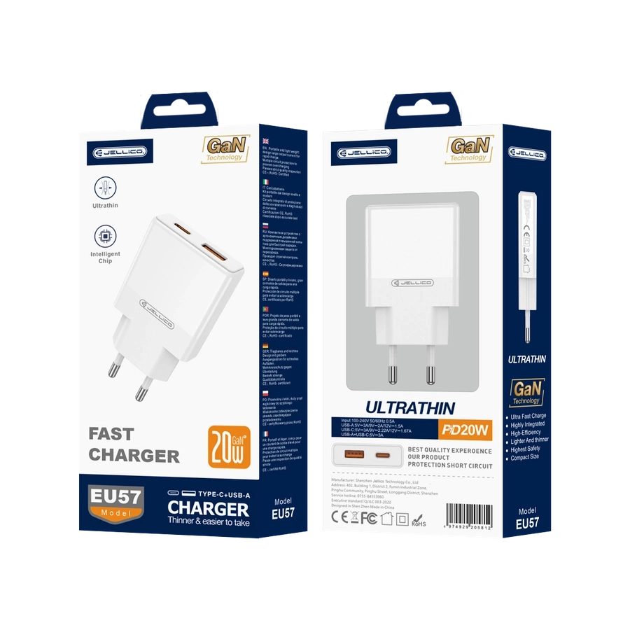 JELLICO Sienas lādētājs EU57 PD 20W 1xUSB-C + 1xUSB QC3.0 balts