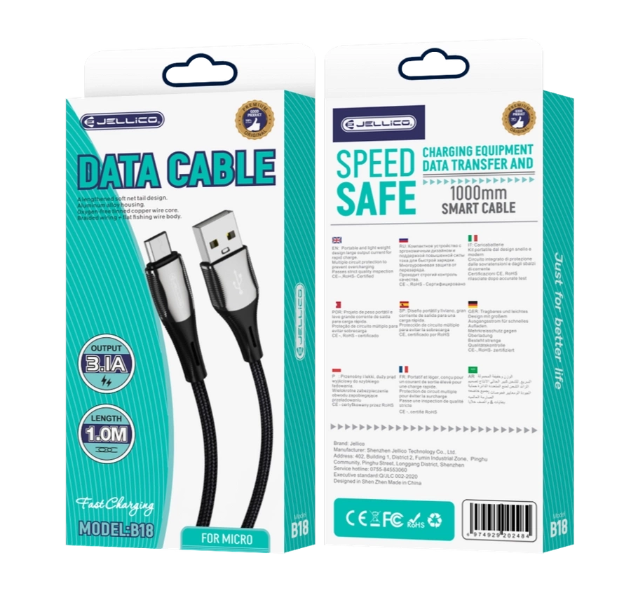 JELLICO Kabelis B18 Micro 3.1A 1M melns