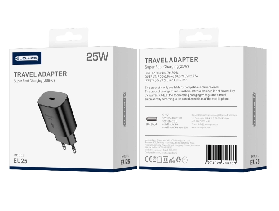 JELLICO sienas lādētājs EU25 PD 25W 1xUSB-C melns