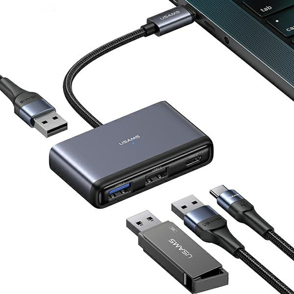 USAMS adapteris HUB 4w1 2xUSB 2.0/USB 3.0/ USB-C tumši pelēks SJ627HUB01 (US-SJ627)